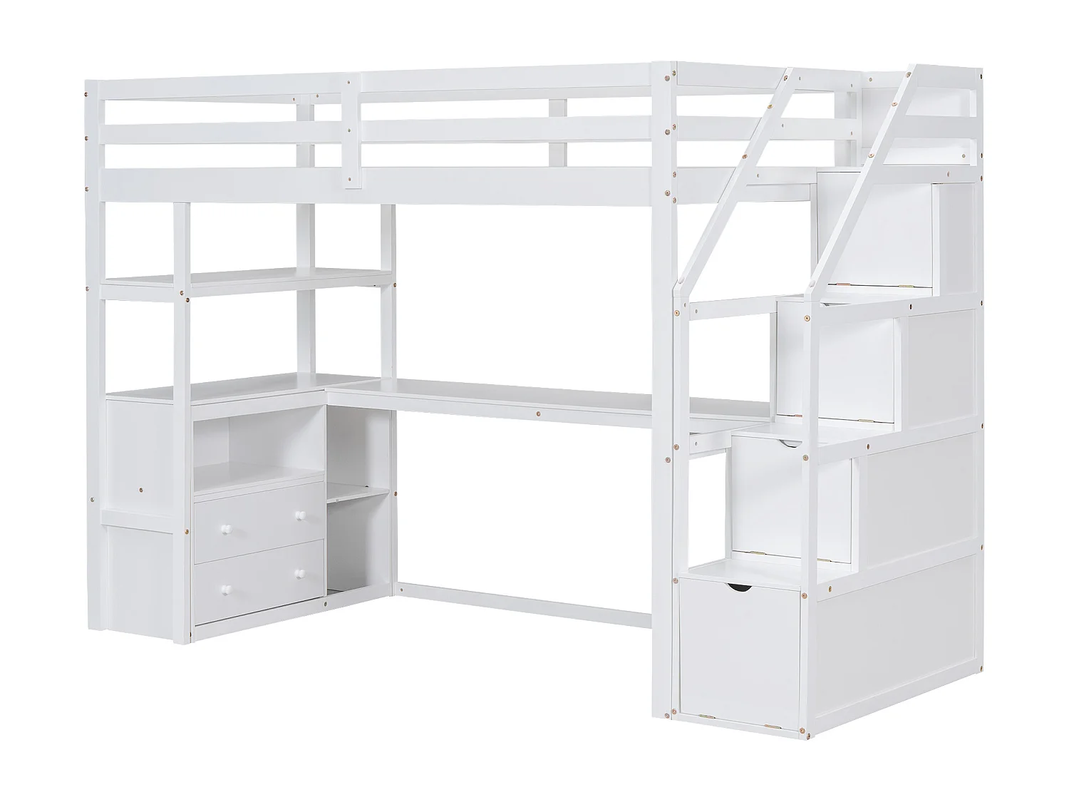 Hoogslaper 90x200 cm, bed met bureau en opbergladder, wit, grenen en MDF (242,1x96,5x165 cm)