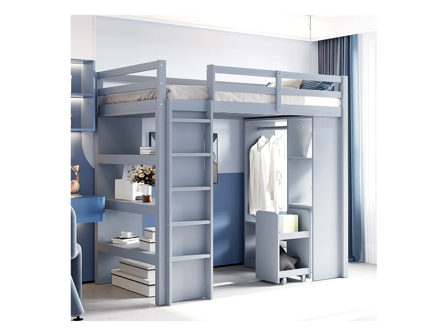 Lit mezzanine enfant - 90 x 200 cm - avec 1 chariot de rangement amovible + cintres simples - bois + MDF - gris