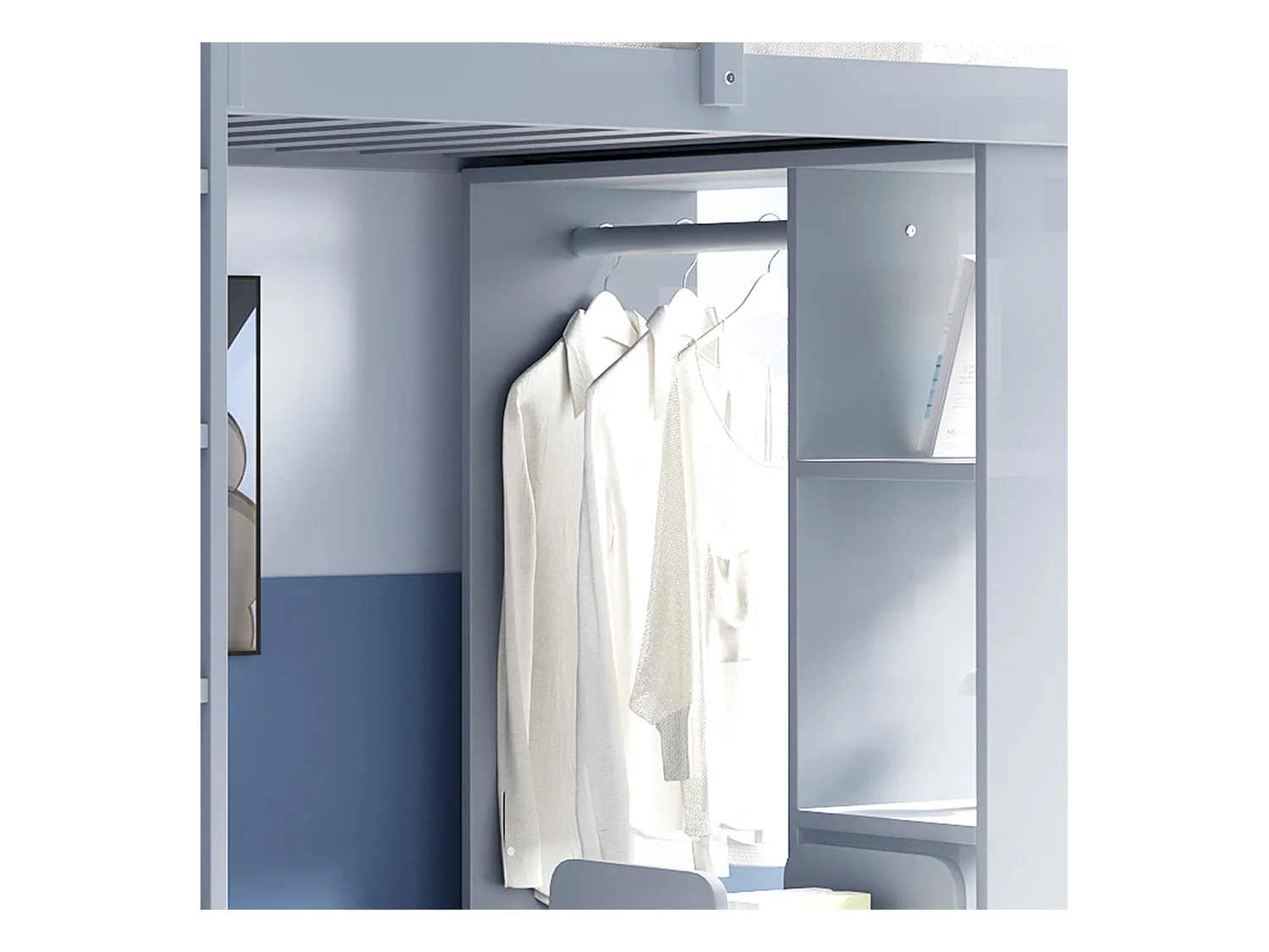 Lit mezzanine enfant - 90 x 200 cm - avec 1 chariot de rangement amovible + cintres simples - bois + MDF - gris