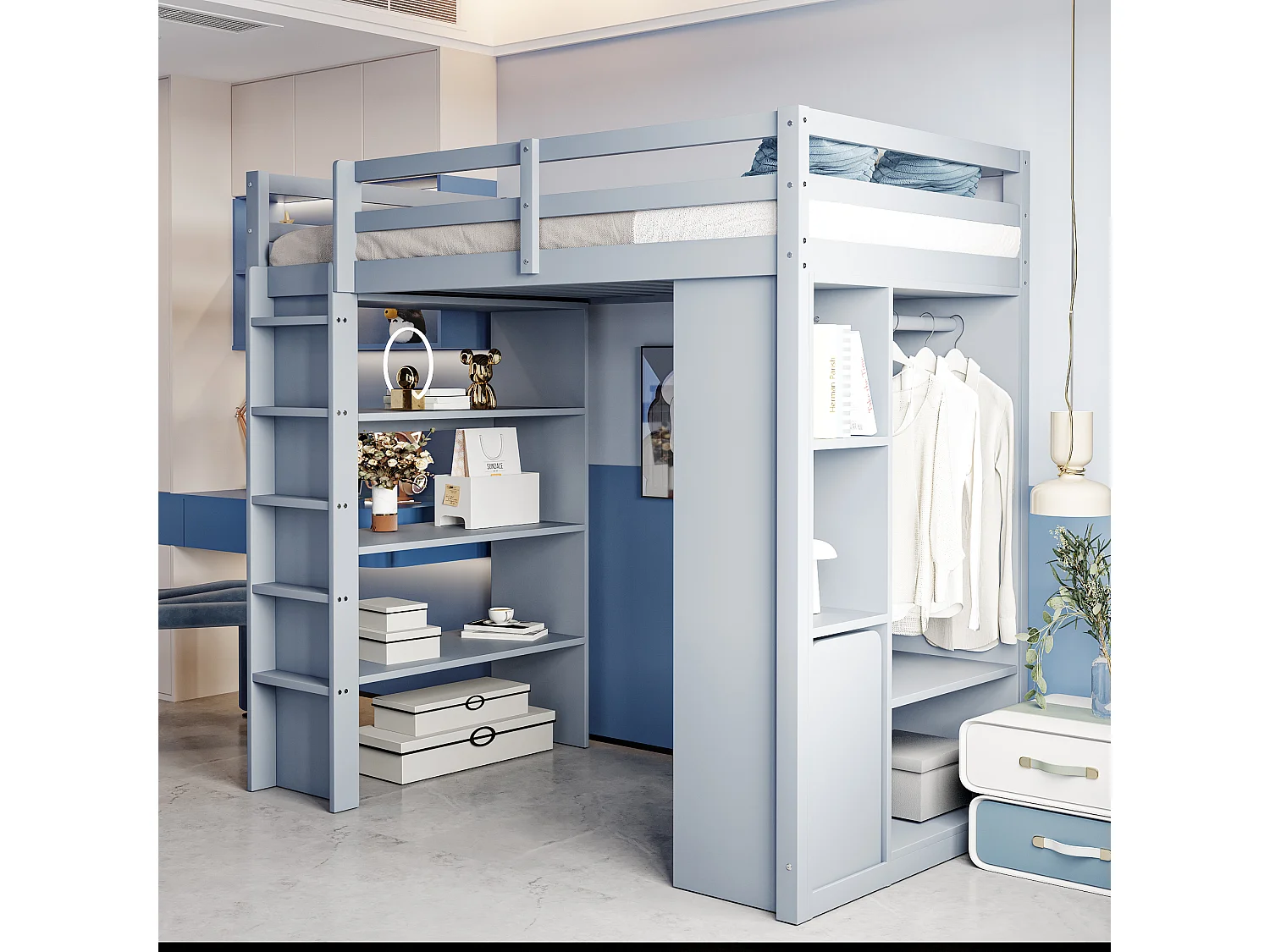 Letto a soppalco per bambini - 90 x 200 cm - con 1 carrello portaoggetti rimovibile + grucce singole - legno + MDF - grigio