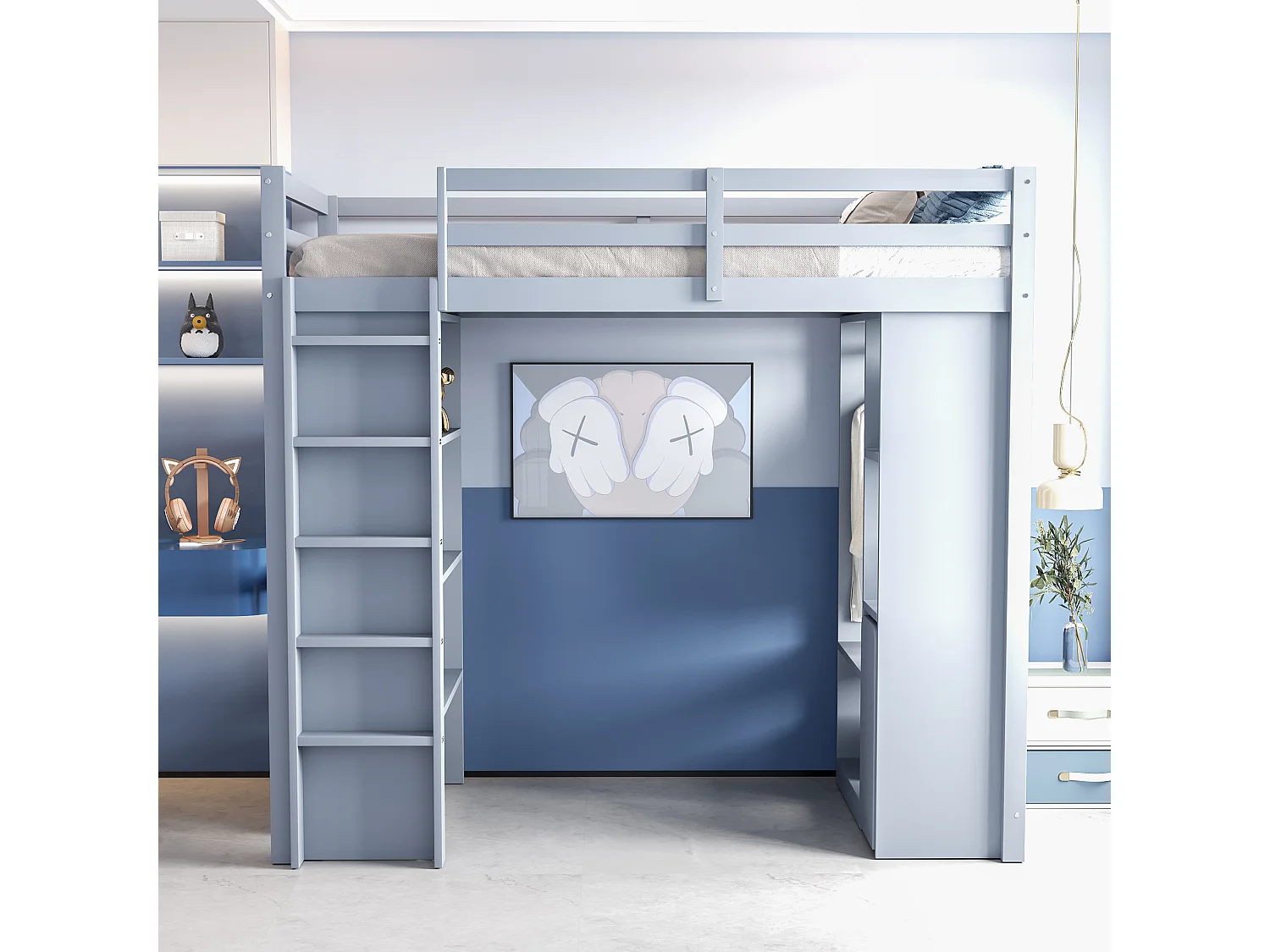 Letto a soppalco per bambini - 90 x 200 cm - con 1 carrello portaoggetti rimovibile + grucce singole - legno + MDF - grigio
