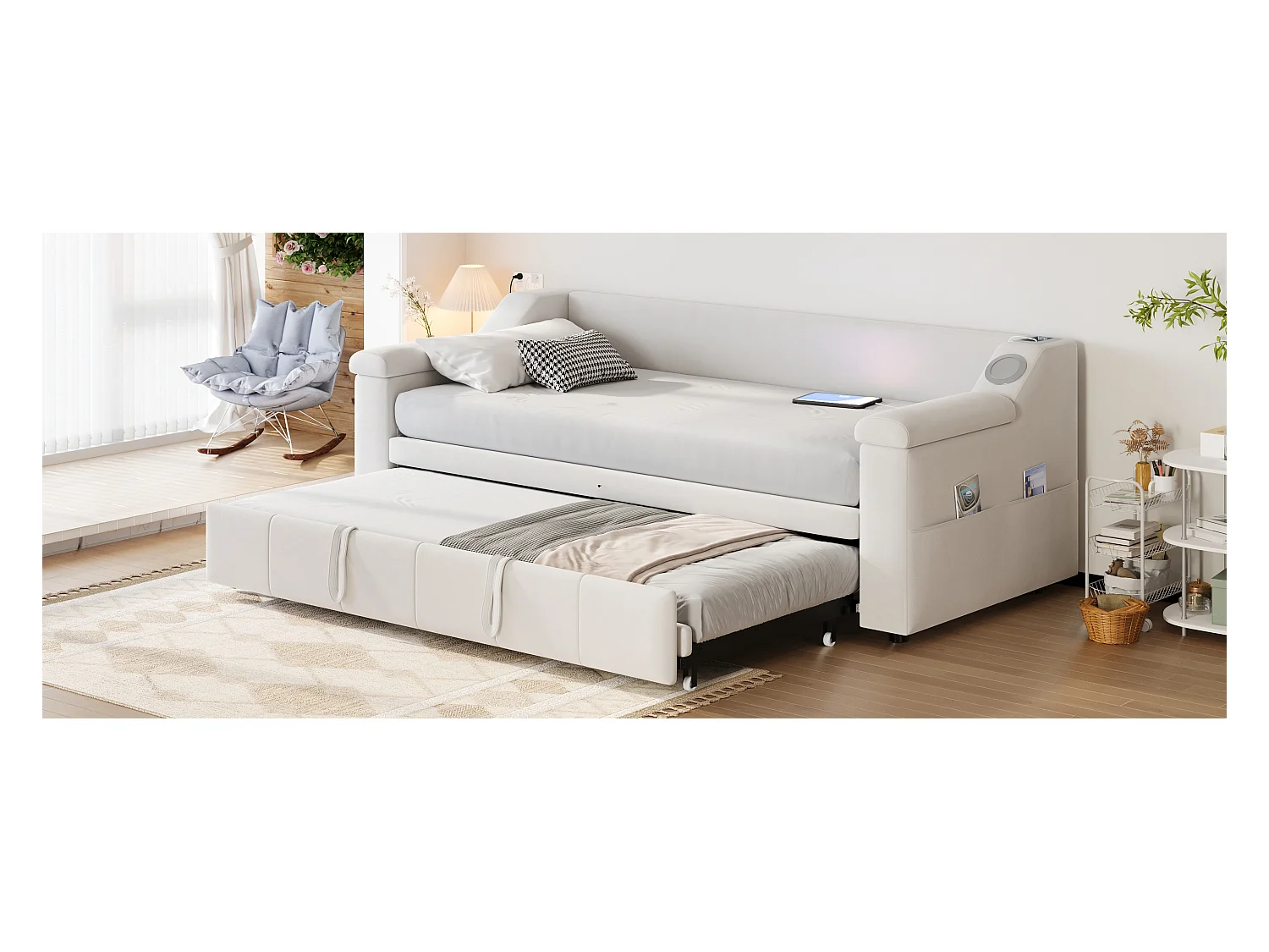 Letto a soppalco 90x190 cm con tavolo multifunzionale, scala contenitore e ampi vani portaoggetti, struttura in legno massello, bianco (253x95x160,2 cm)