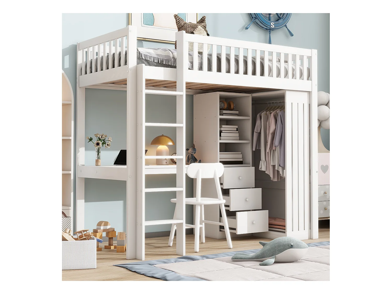 Lit mezzanine, 90x200cm, bureau, armoire, 3 tiroirs, rangement ouvert, garde-corps, échelle, sans matelas, Blanc (205x95x180 cm)