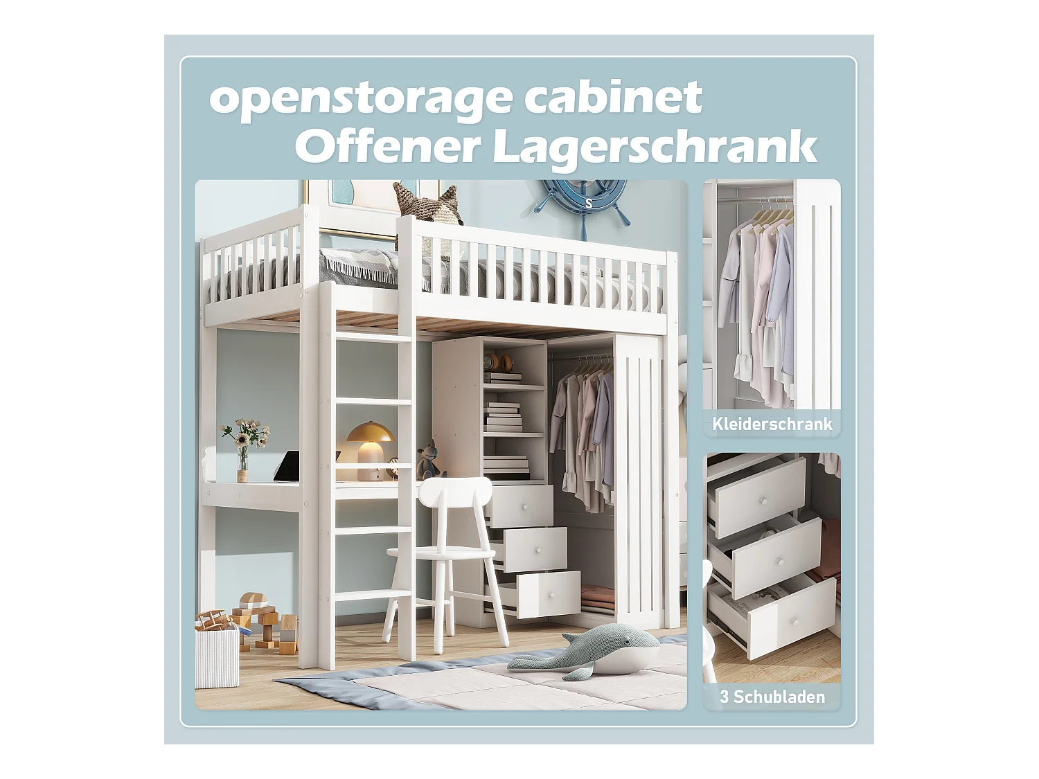 Lit mezzanine, 90x200cm, bureau, armoire, 3 tiroirs, rangement ouvert, garde-corps, échelle, sans matelas, Blanc (205x95x180 cm)