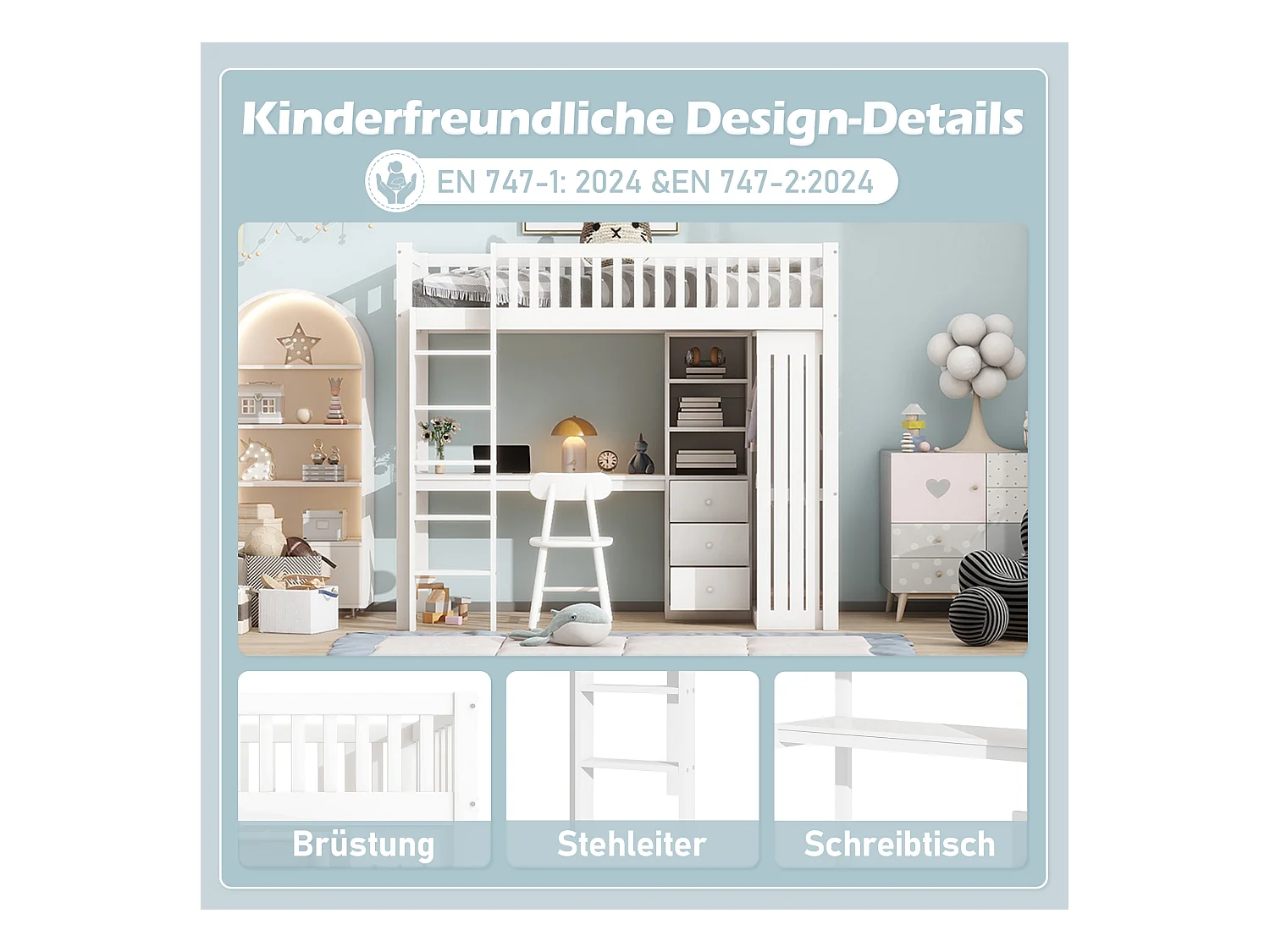 Lit mezzanine, 90x200cm, bureau, armoire, 3 tiroirs, rangement ouvert, garde-corps, échelle, sans matelas, Blanc (205x95x180 cm)