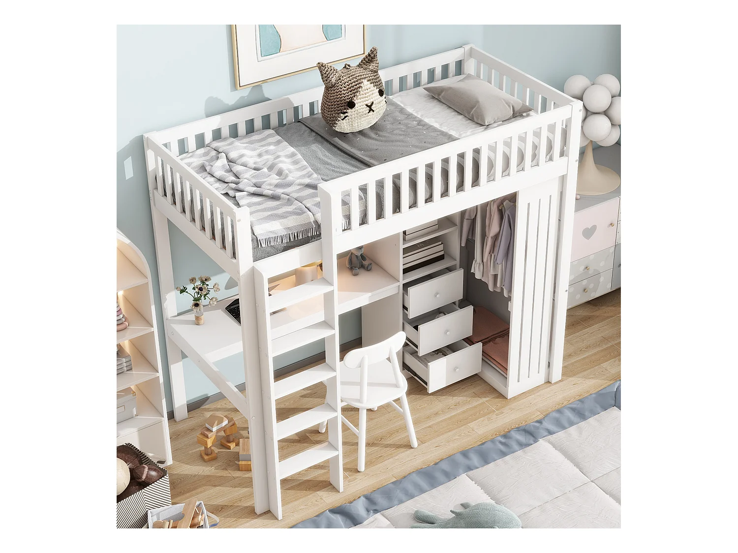 Lit mezzanine, 90x200cm, bureau, armoire, 3 tiroirs, rangement ouvert, garde-corps, échelle, sans matelas, Blanc (205x95x180 cm)