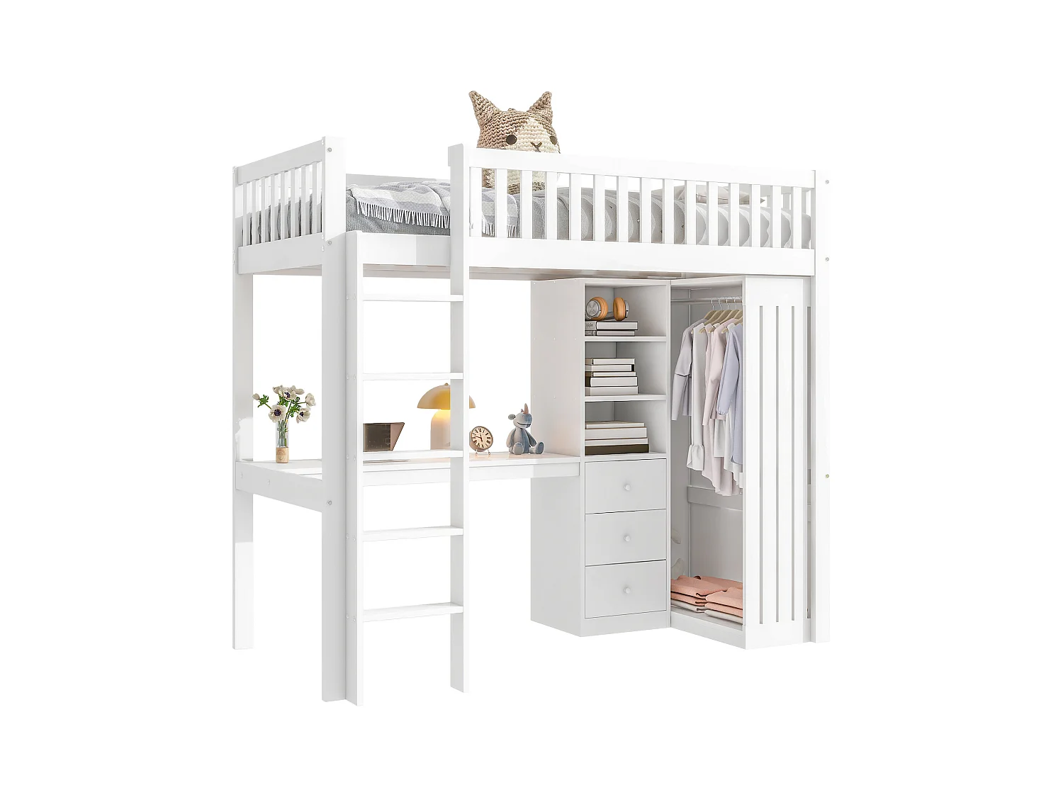 Lit mezzanine, 90x200cm, bureau, armoire, 3 tiroirs, rangement ouvert, garde-corps, échelle, sans matelas, Blanc (205x95x180 cm)