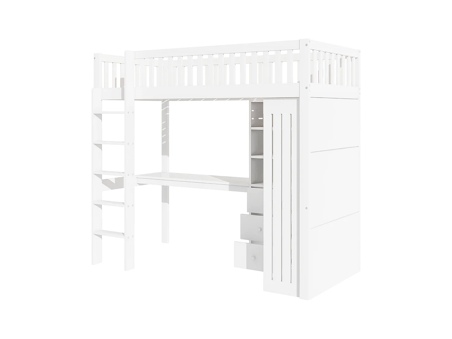 Lit mezzanine, 90x200cm, bureau, armoire, 3 tiroirs, rangement ouvert, garde-corps, échelle, sans matelas, Blanc (205x95x180 cm)