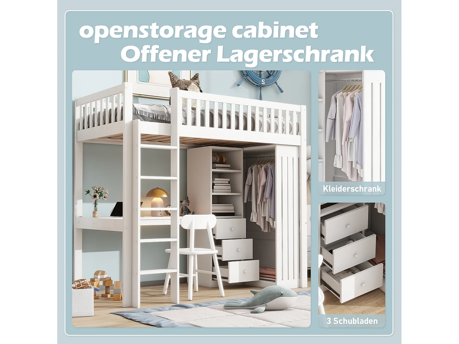 Lit mezzanine, 90x200cm, bureau, armoire, 3 tiroirs, rangement ouvert, garde-corps, échelle, sans matelas, Blanc (205x95x180 cm)