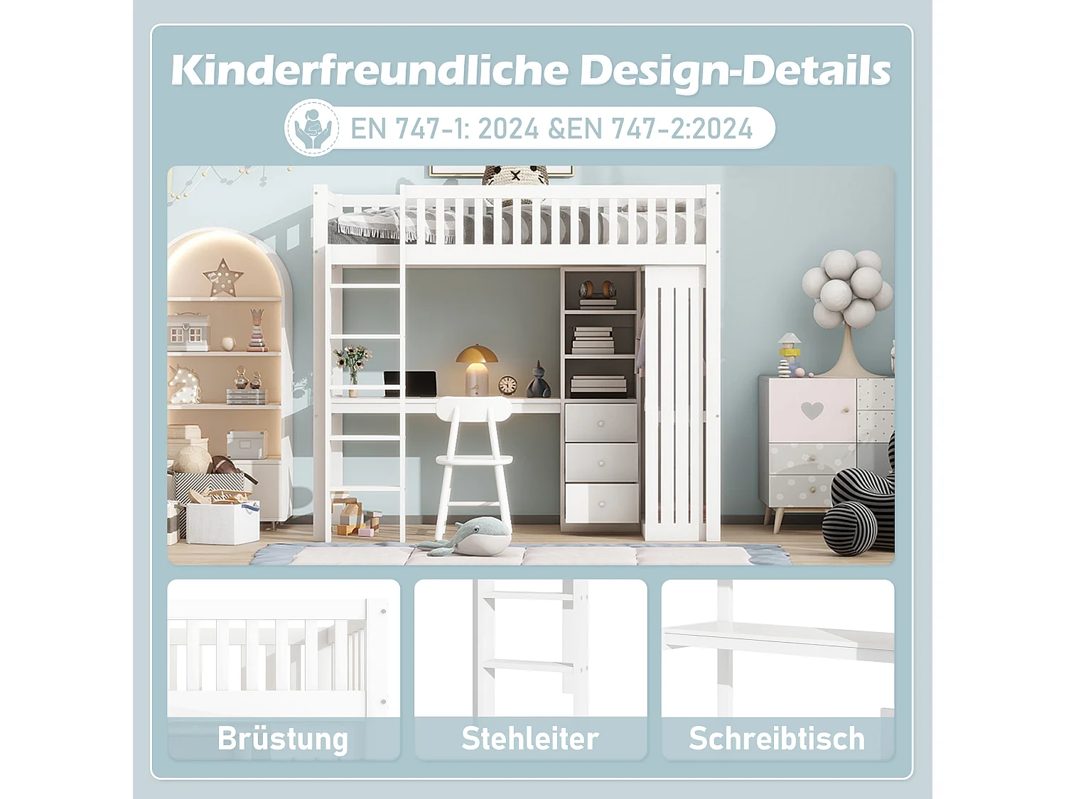 Lit mezzanine, 90x200cm, bureau, armoire, 3 tiroirs, rangement ouvert, garde-corps, échelle, sans matelas, Blanc (205x95x180 cm)