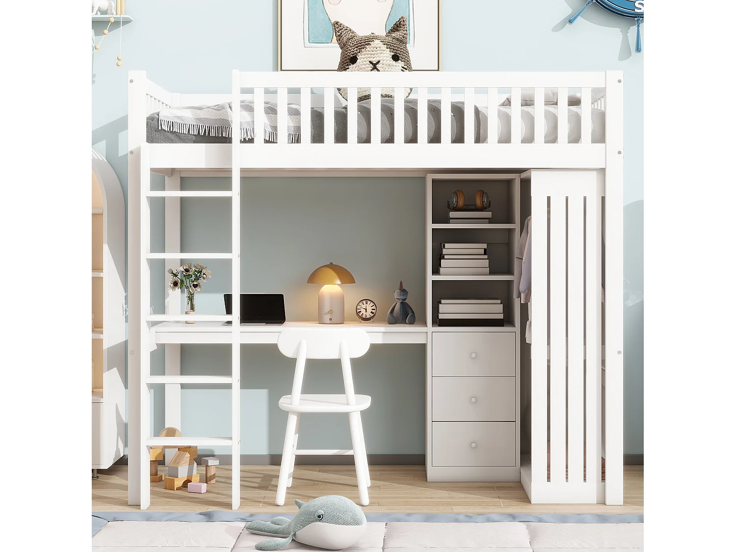 Lit mezzanine, 90x200cm, bureau, armoire, 3 tiroirs, rangement ouvert, garde-corps, échelle, sans matelas, Blanc (205x95x180 cm)