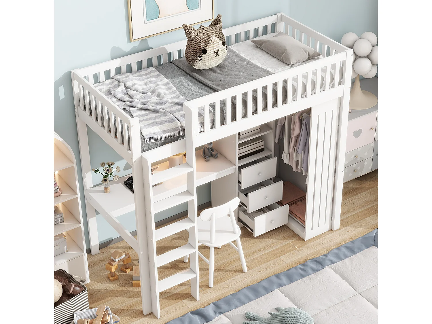 Lit mezzanine, 90x200cm, bureau, armoire, 3 tiroirs, rangement ouvert, garde-corps, échelle, sans matelas, Blanc (205x95x180 cm)