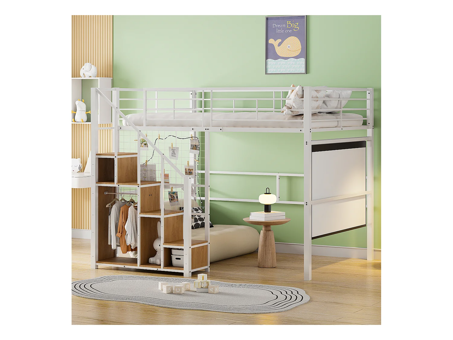 Lit mezzanine 140x200 cm avec échelle sécurisée et rangements, cadre métallique, lit pour enfant et adolescent, blanc (210x188x170 cm)