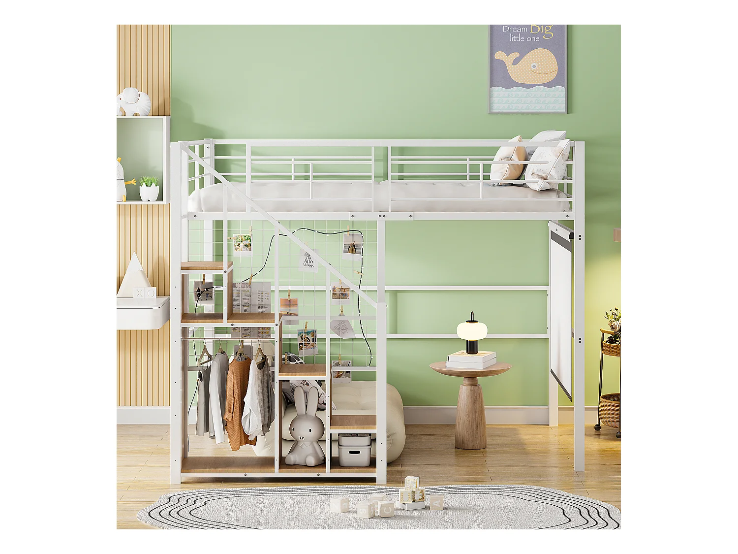 Lit mezzanine 140x200 cm avec échelle sécurisée et rangements, cadre métallique, lit pour enfant et adolescent, blanc (210x188x170 cm)