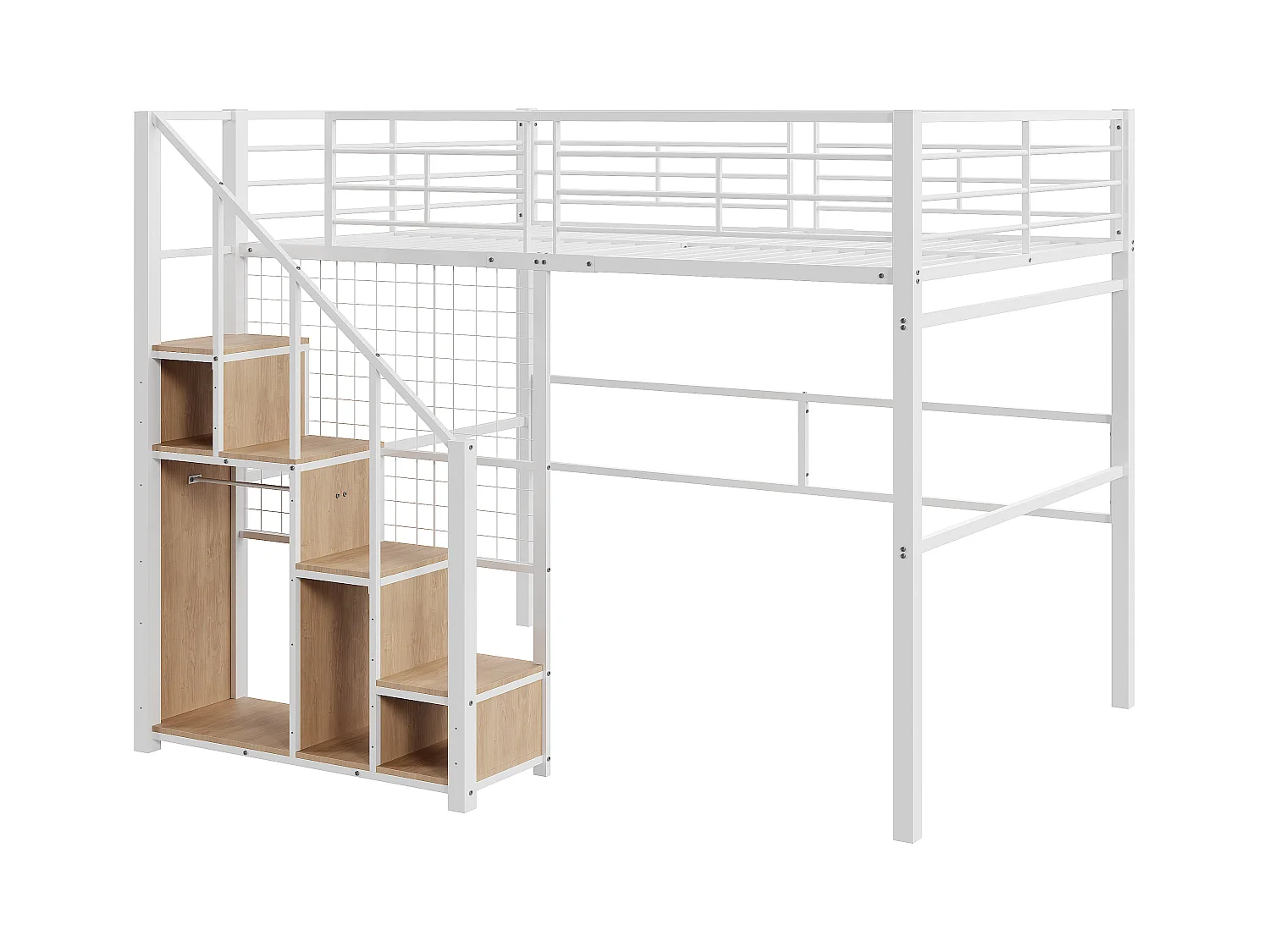 Lit mezzanine 140x200 cm avec échelle sécurisée et rangements, cadre métallique, lit pour enfant et adolescent, blanc (210x188x170 cm)