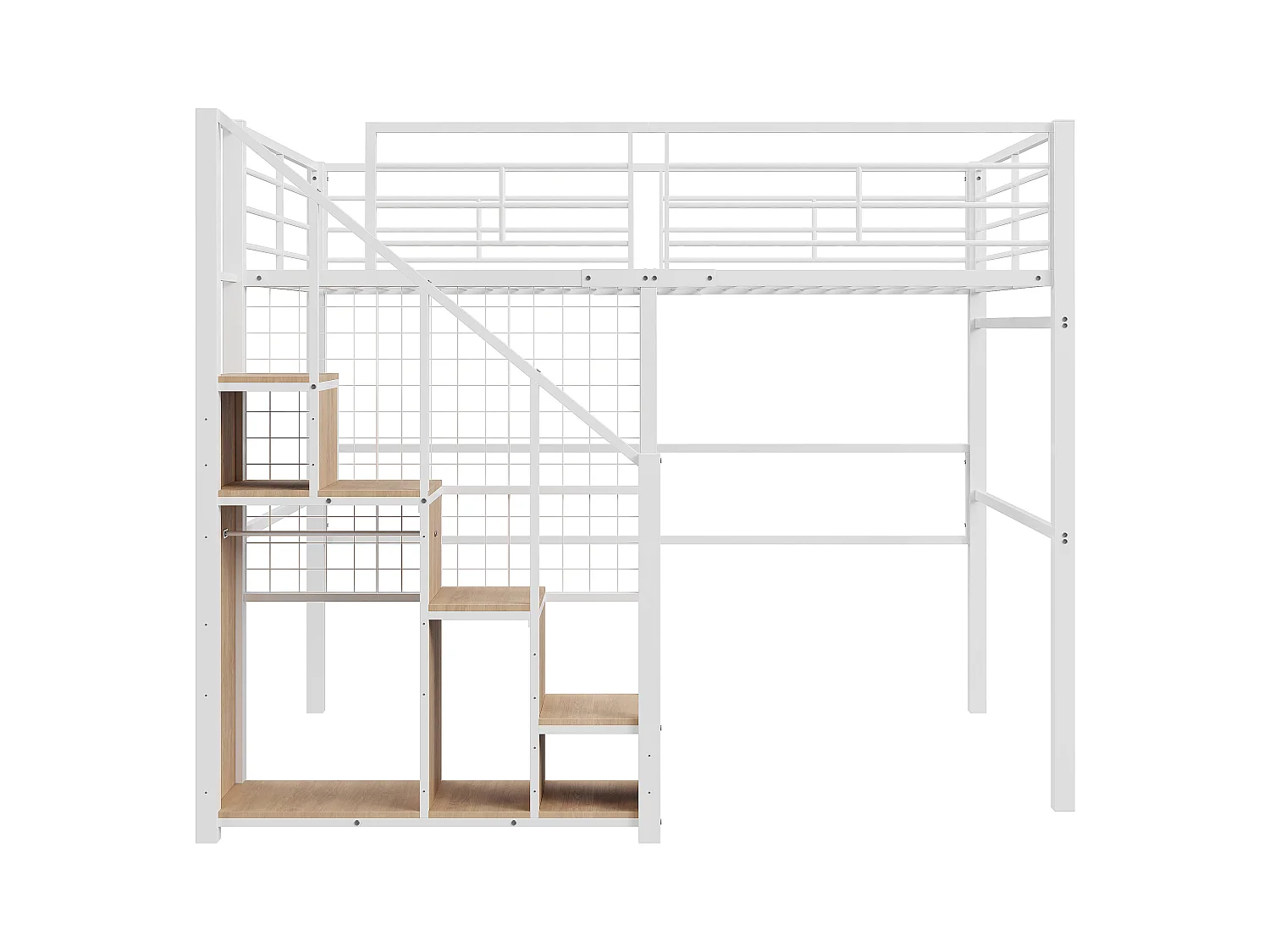 Lit mezzanine 140x200 cm avec échelle sécurisée et rangements, cadre métallique, lit pour enfant et adolescent, blanc (210x188x170 cm)