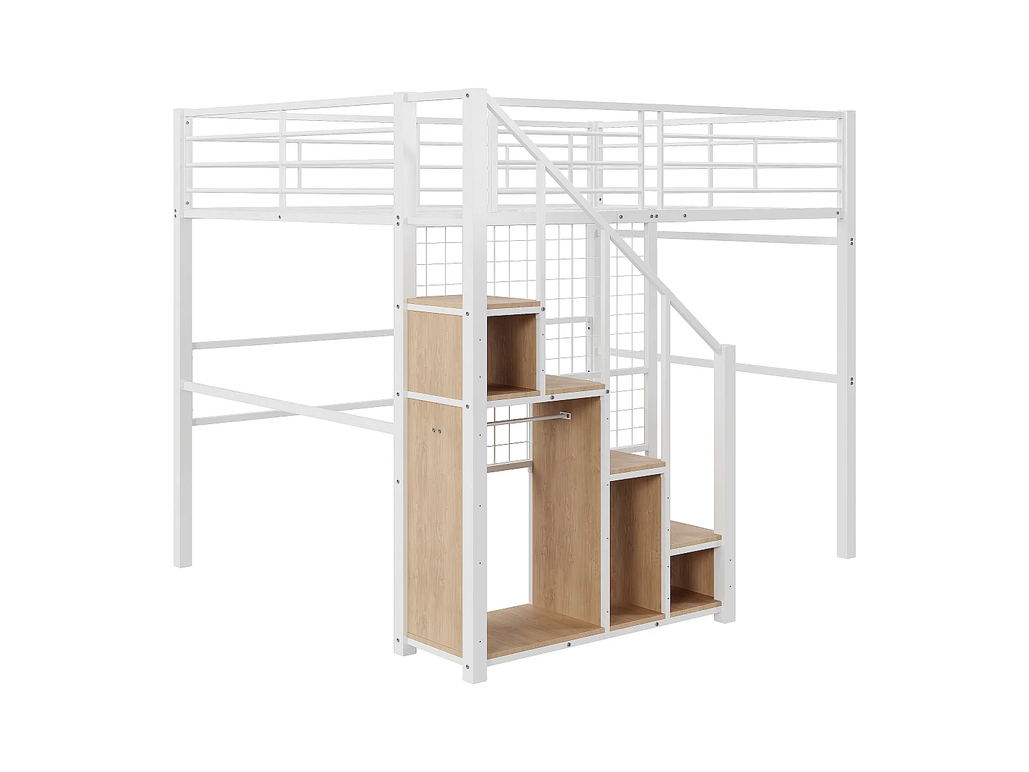 Lit mezzanine 140x200 cm avec échelle sécurisée et rangements, cadre métallique, lit pour enfant et adolescent, blanc (210x188x170 cm)