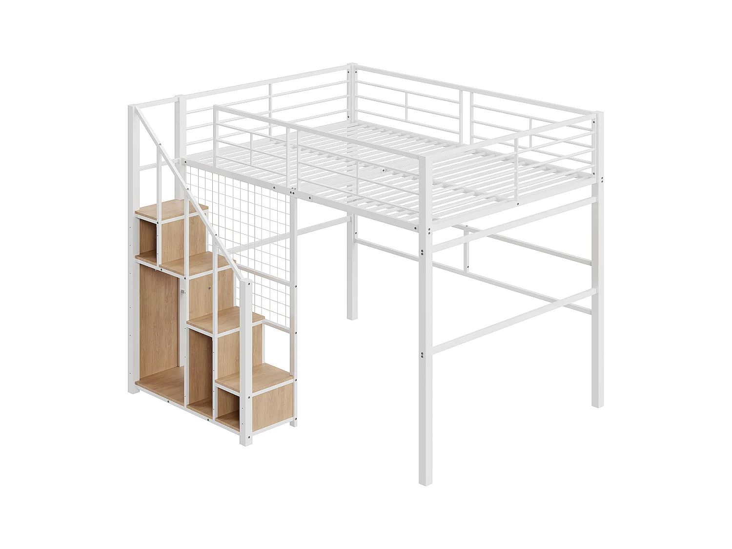 Lit mezzanine 140x200 cm avec échelle sécurisée et rangements, cadre métallique, lit pour enfant et adolescent, blanc (210x188x170 cm)