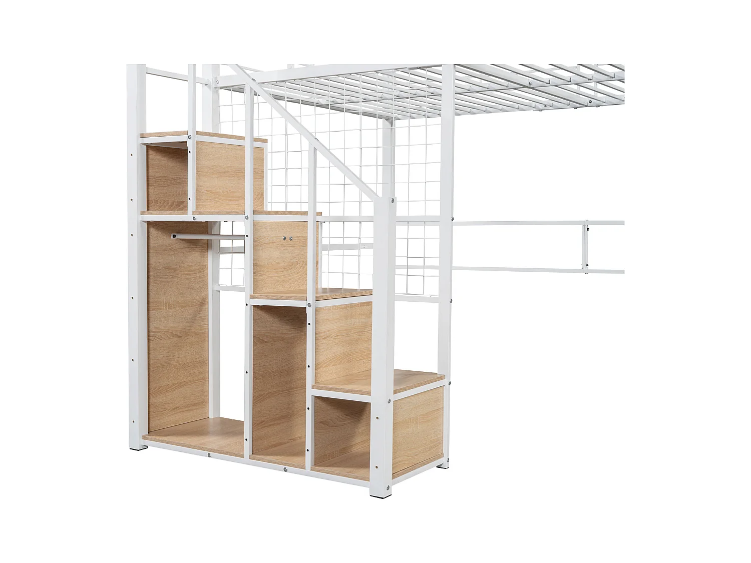 Lit mezzanine 140x200 cm avec échelle sécurisée et rangements, cadre métallique, lit pour enfant et adolescent, blanc (210x188x170 cm)