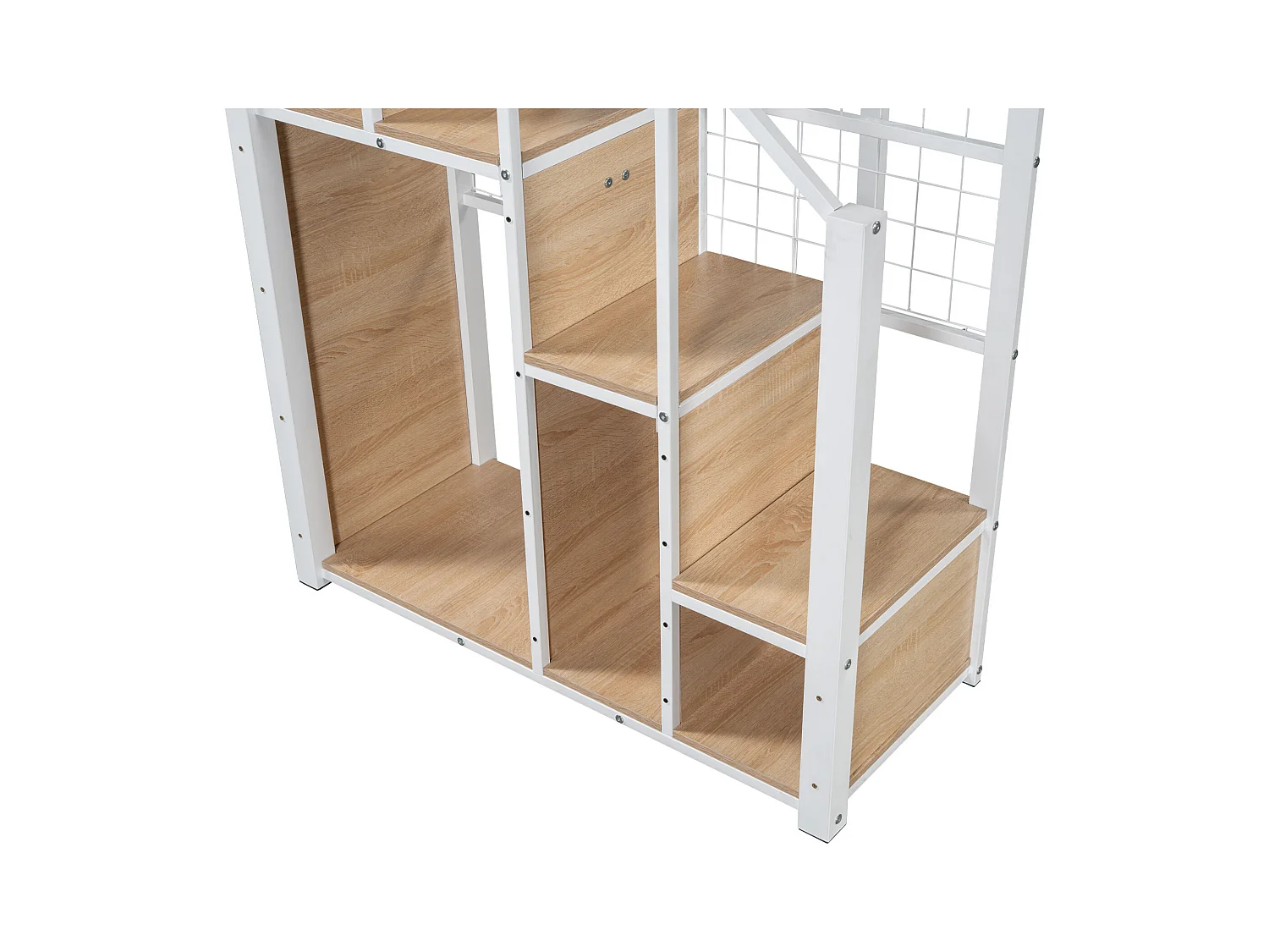 Lit mezzanine 140x200 cm avec échelle sécurisée et rangements, cadre métallique, lit pour enfant et adolescent, blanc (210x188x170 cm)