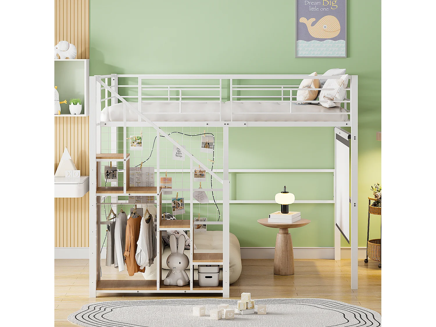 Lit mezzanine 140x200 cm avec échelle sécurisée et rangements, cadre métallique, lit pour enfant et adolescent, blanc (210x188x170 cm)