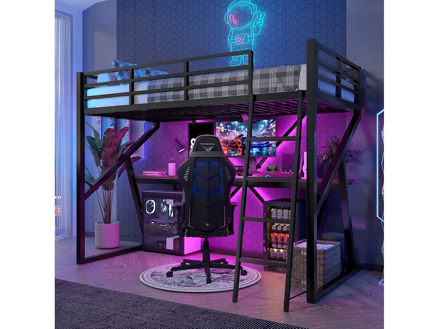 Hoogslaper 90x200 cm, metalen frame, LED, leuning, ladder, bureau, zwart (204x98x160,5 cm)