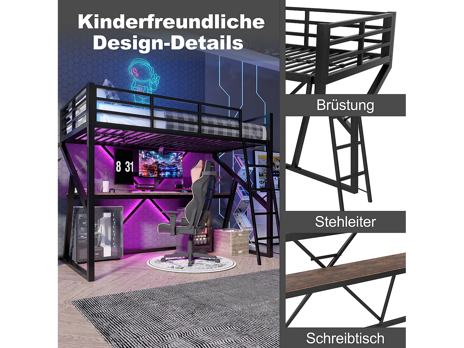 Hoogslaper 90x200 cm, metalen frame, LED, leuning, ladder, bureau, zwart (204x98x160,5 cm)