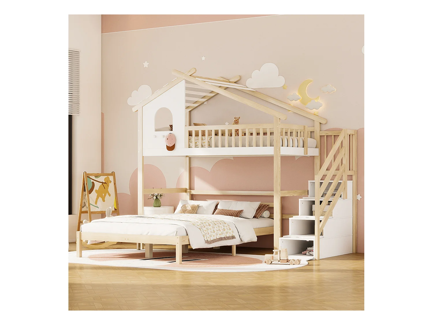 Lit mezzanine, 90 x 200 cm, avec barrière de sécurité, échelle de rangement, fenêtres, design maison, sous-lit 140 x 200 cm, blanc et naturel (253x207x215 cm)