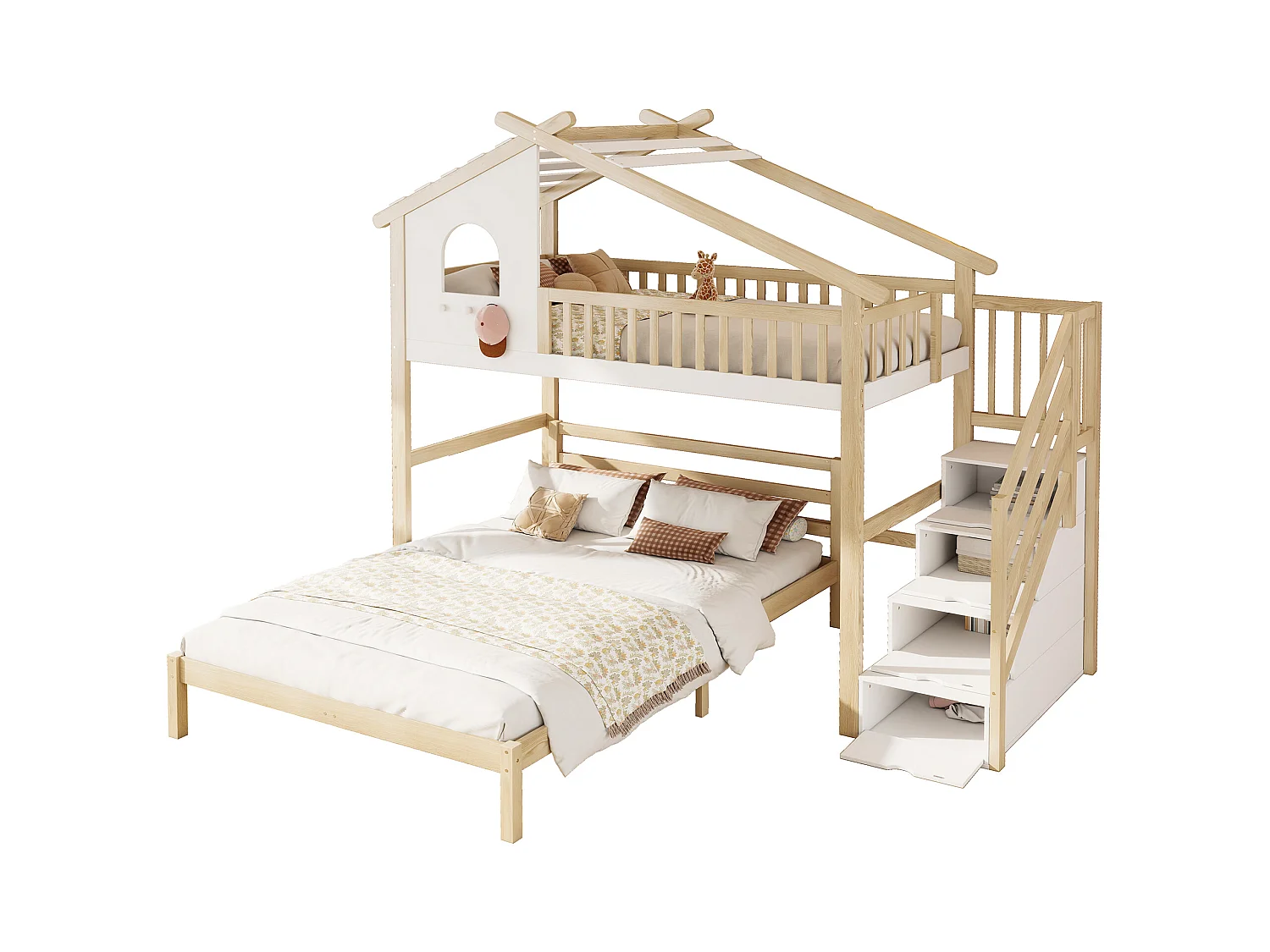 Lit mezzanine, 90 x 200 cm, avec barrière de sécurité, échelle de rangement, fenêtres, design maison, sous-lit 140 x 200 cm, blanc et naturel (253x207x215 cm)