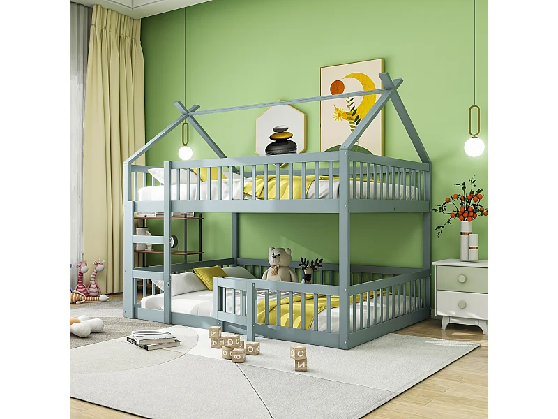 Lit superposé enfant avec escalier, bois massif, design loft, gris (205x145x205 cm)