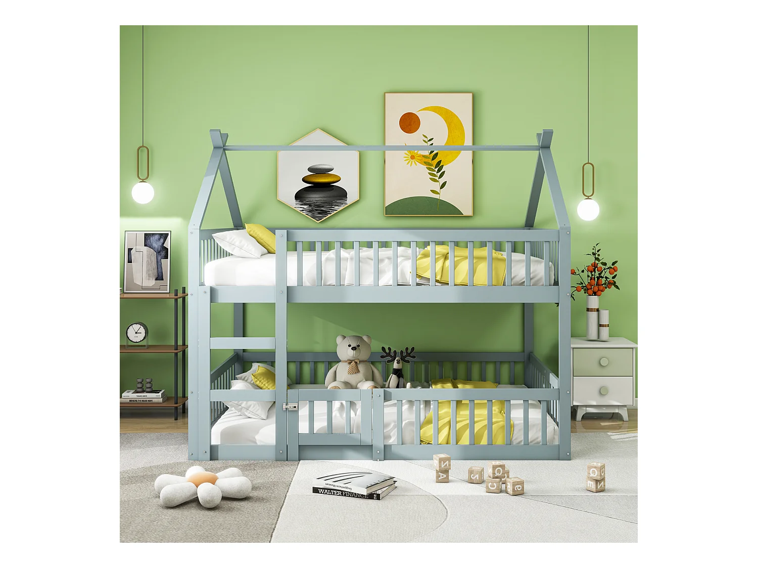 Lit superposé enfant avec escalier, bois massif, design loft, gris (205x145x205 cm)