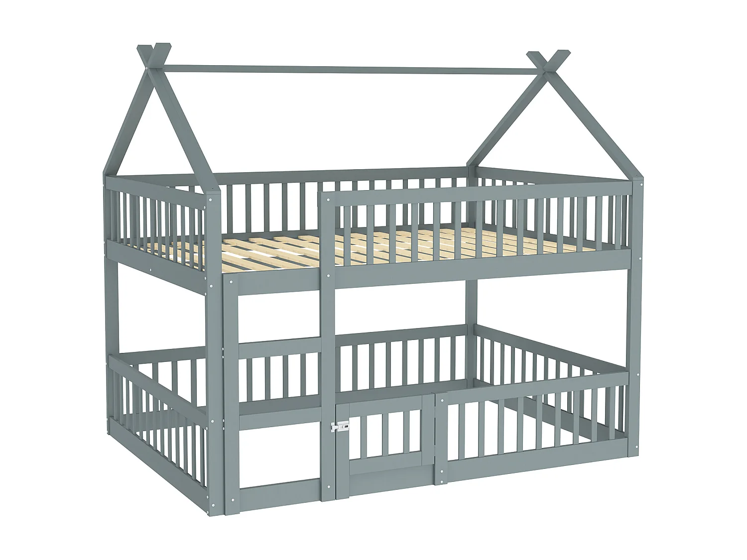 Lit superposé enfant avec escalier, bois massif, design loft, gris (205x145x205 cm)