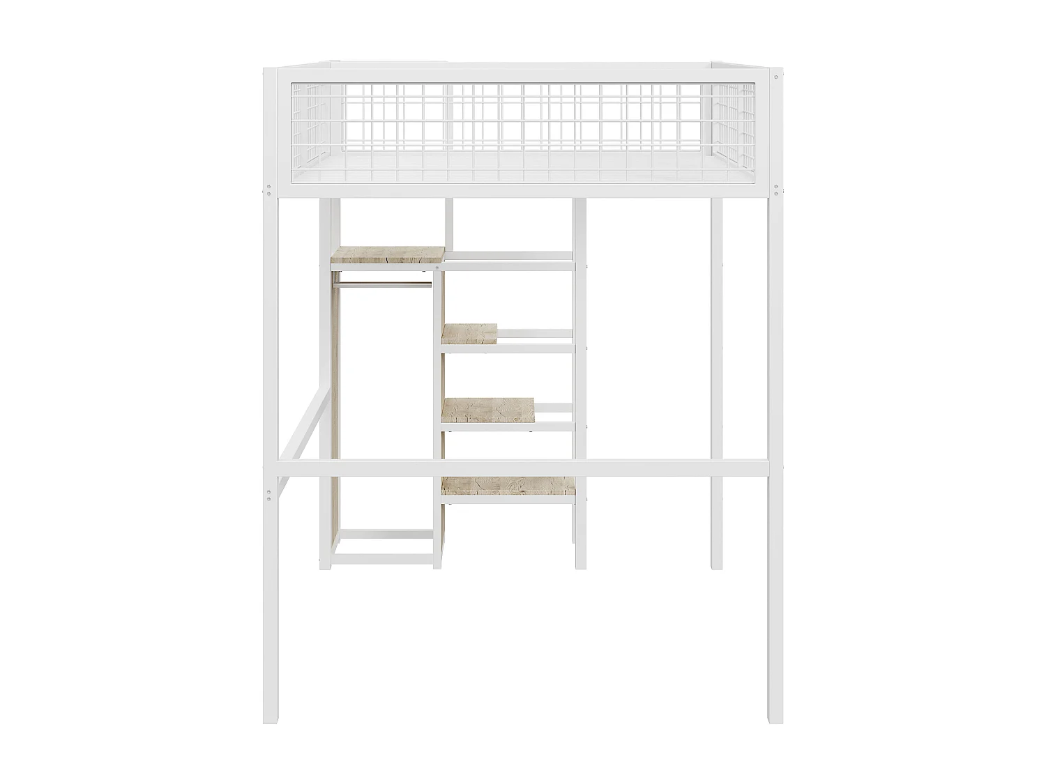 Lit mezzanine 140x200 cm avec échelle, lit enfant en métal et étagère de rangement, armoire blanche (249x145x180 cm)