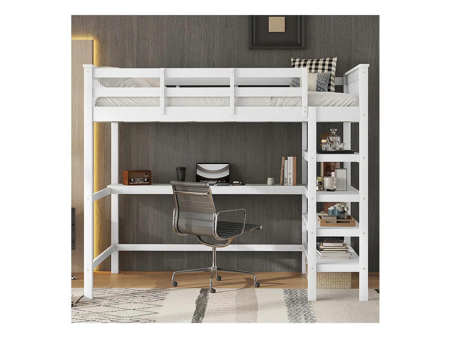 Lit mezzanine 90x200cm, Lit pour enfants avec bureau sous le lit et étagères de rangement, Sans matelas, Pin, Blanc (207x99x169.5 cm)