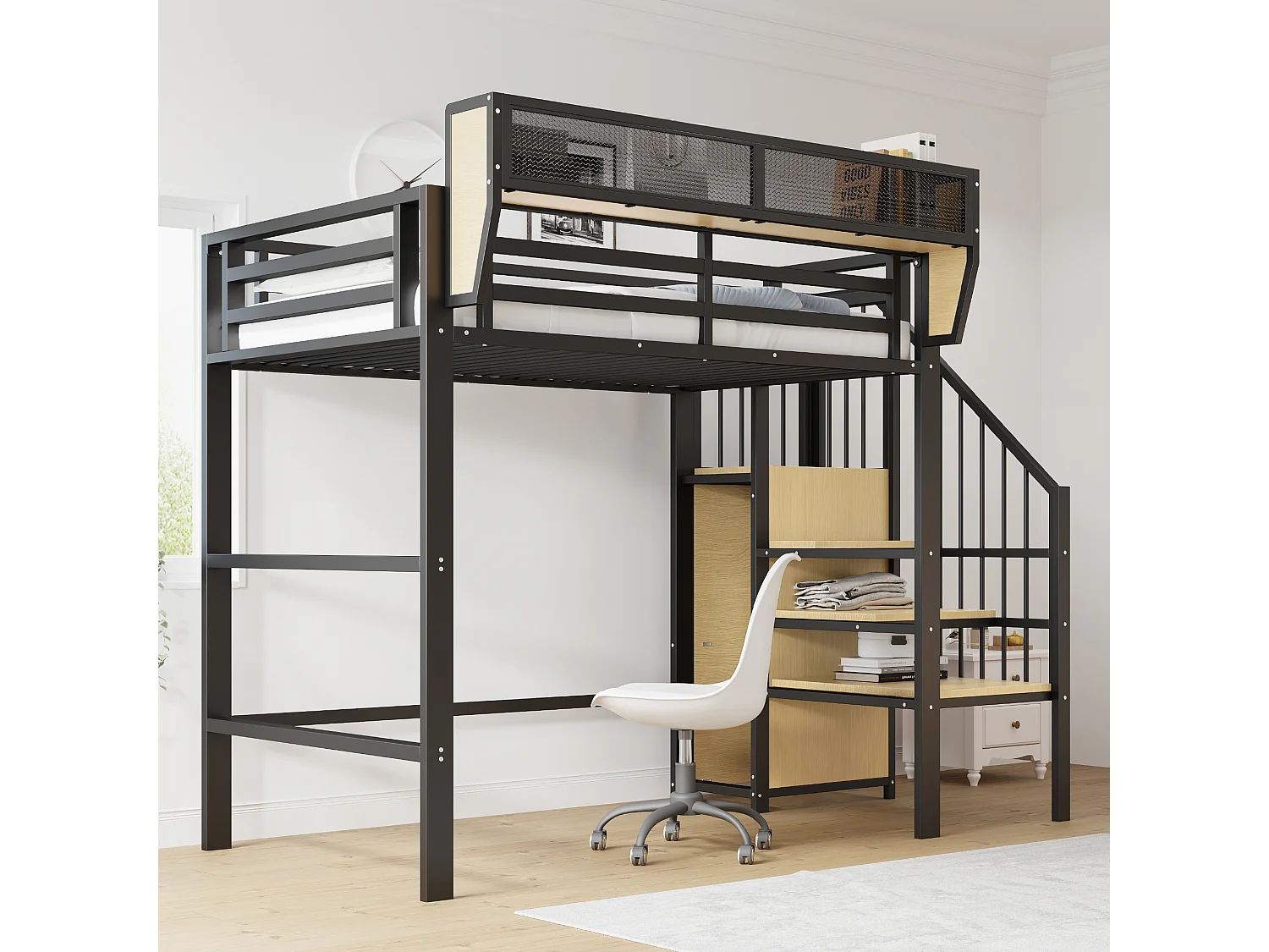 Lit mezzanine 90x200 cm, échelle sécurisée, rangement flexible, métal, noir (255x98x178.5 cm)