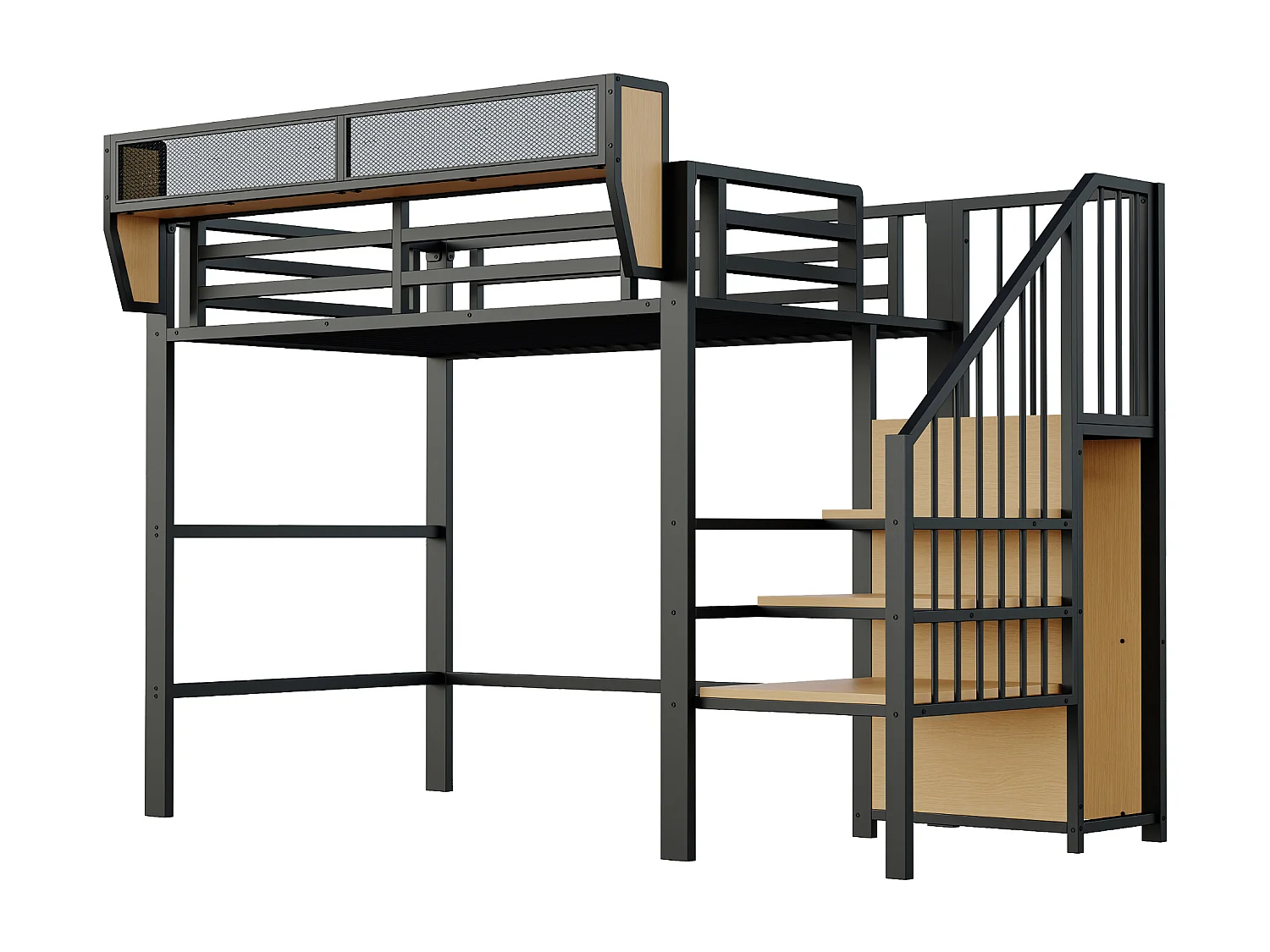 Lit mezzanine 90x200 cm, échelle sécurisée, rangement flexible, métal, noir (255x98x178.5 cm)