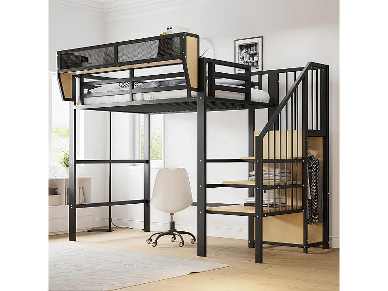 Hoogslaper 90x200 cm, veilige ladder, flexibele opbergruimte, metaal, zwart (255x98x178,5 cm)