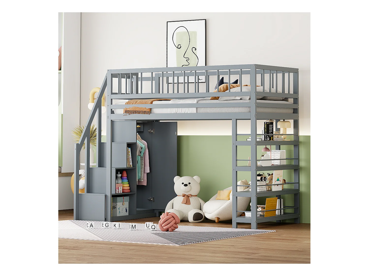 Lit mezzanine sécurisé avec armoire, étagères, escalier, bois massif, gris (244.3x103.3x180 cm)