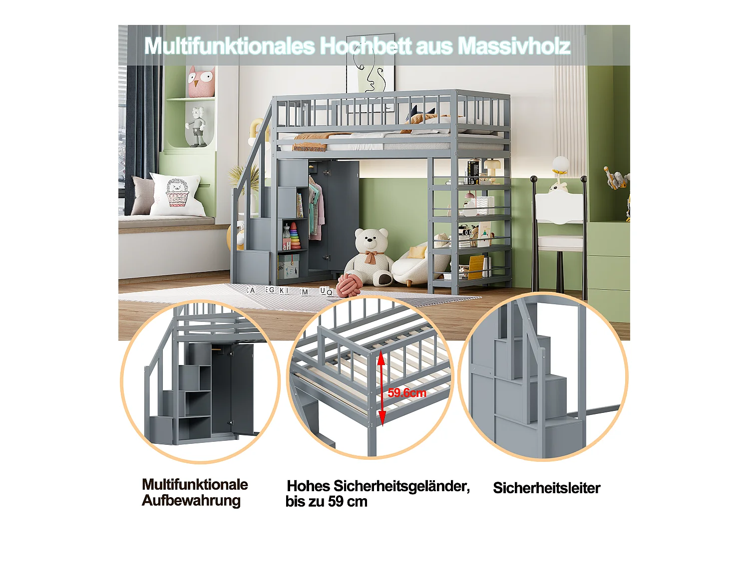 Lit mezzanine sécurisé avec armoire, étagères, escalier, bois massif, gris (244.3x103.3x180 cm)