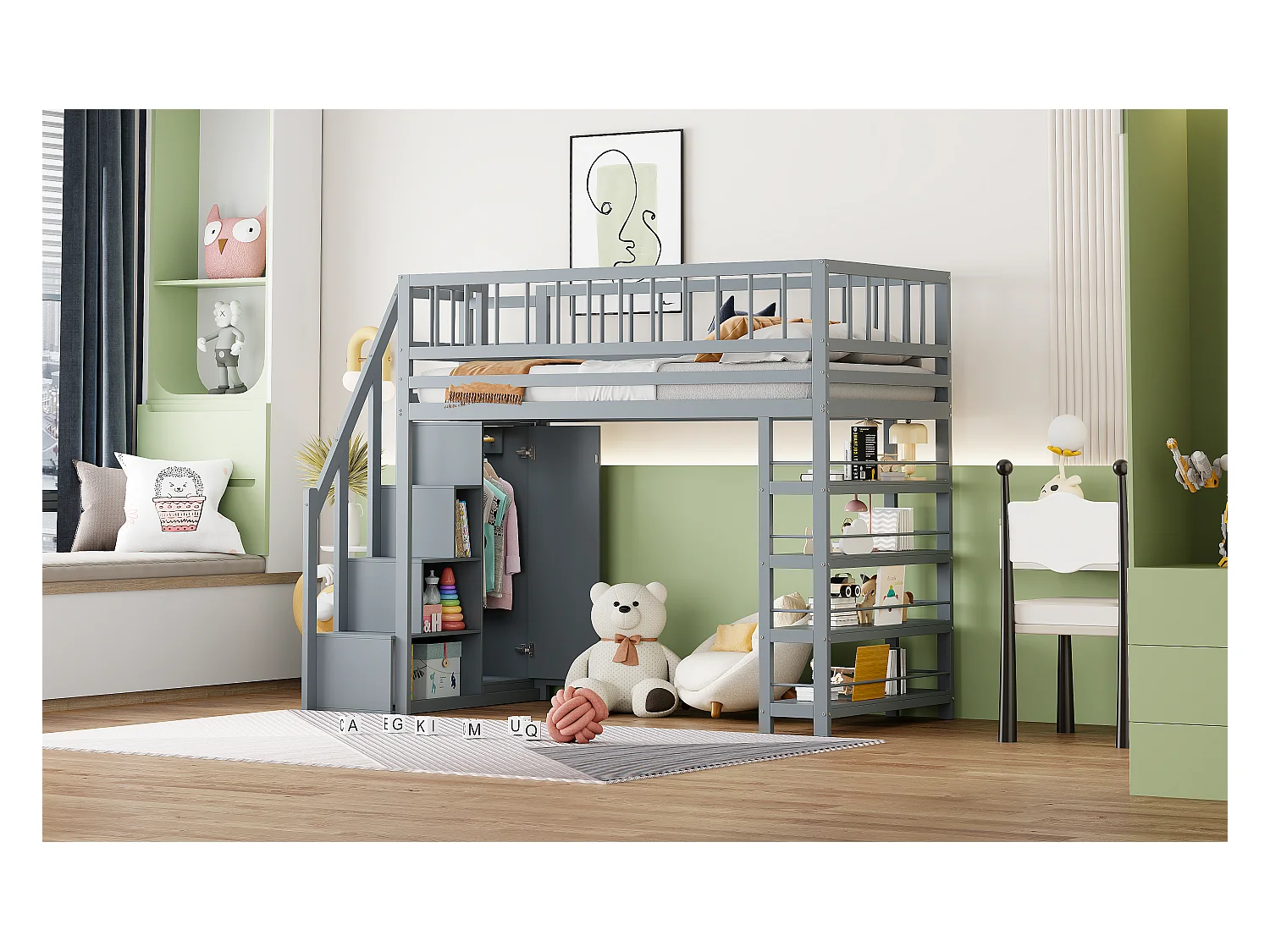 Lit mezzanine sécurisé avec armoire, étagères, escalier, bois massif, gris (244.3x103.3x180 cm)