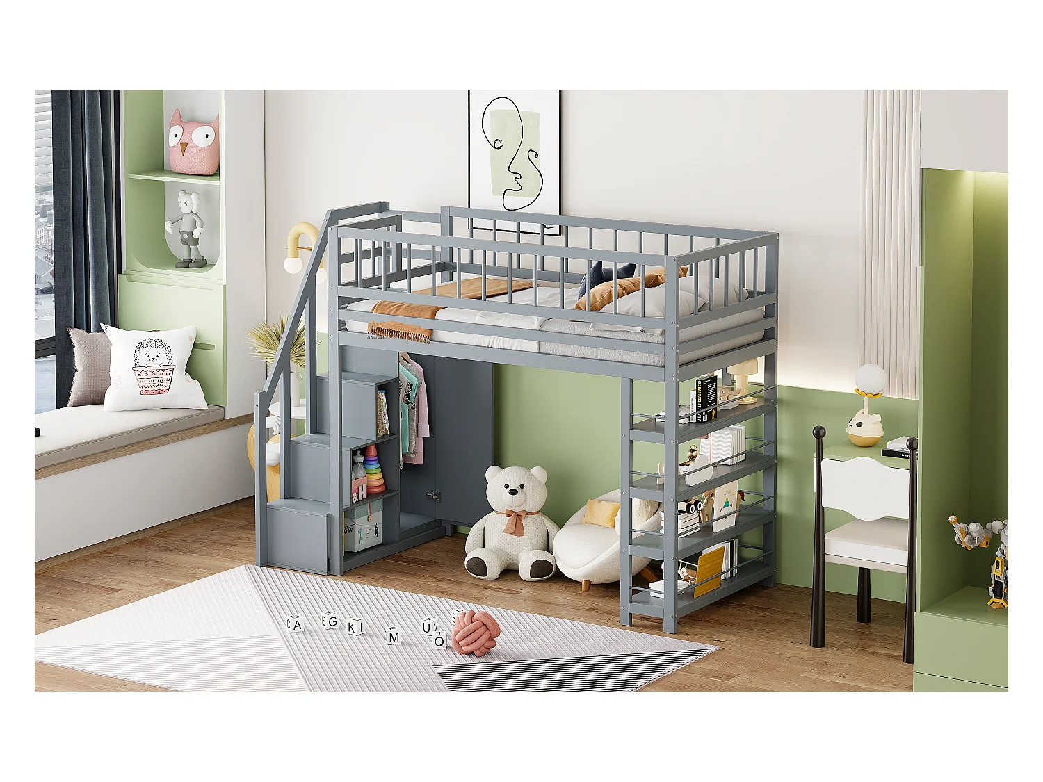 Lit mezzanine sécurisé avec armoire, étagères, escalier, bois massif, gris (244.3x103.3x180 cm)
