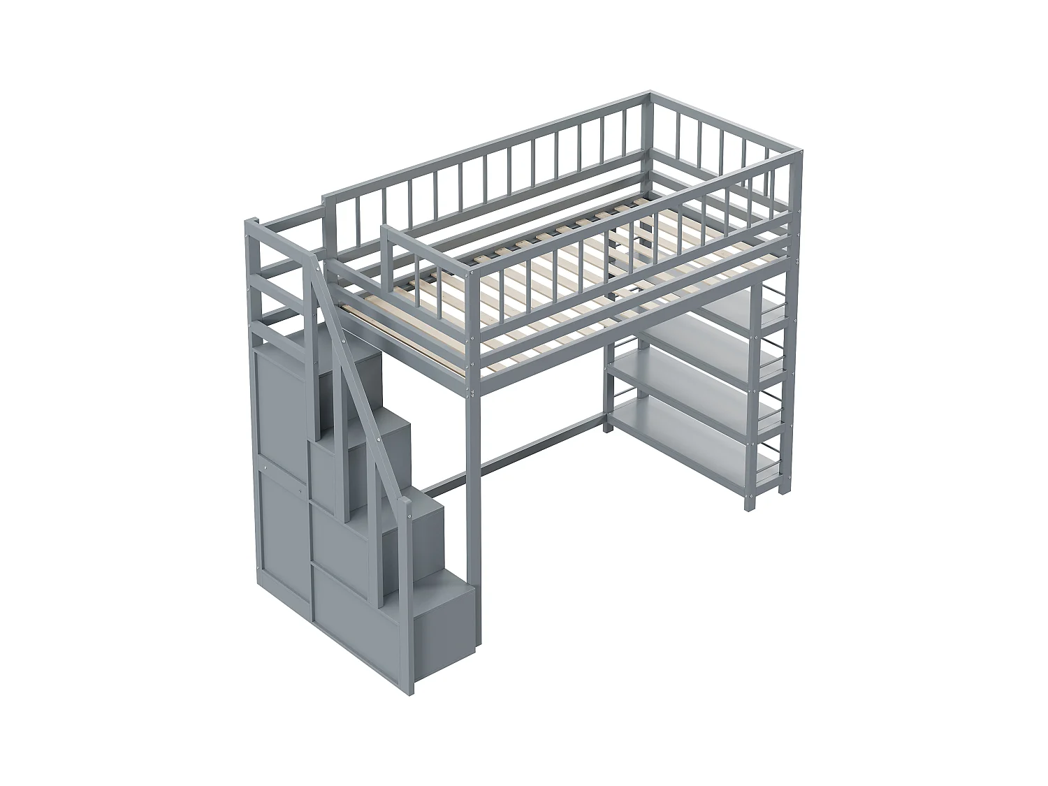 Lit mezzanine sécurisé avec armoire, étagères, escalier, bois massif, gris (244.3x103.3x180 cm)