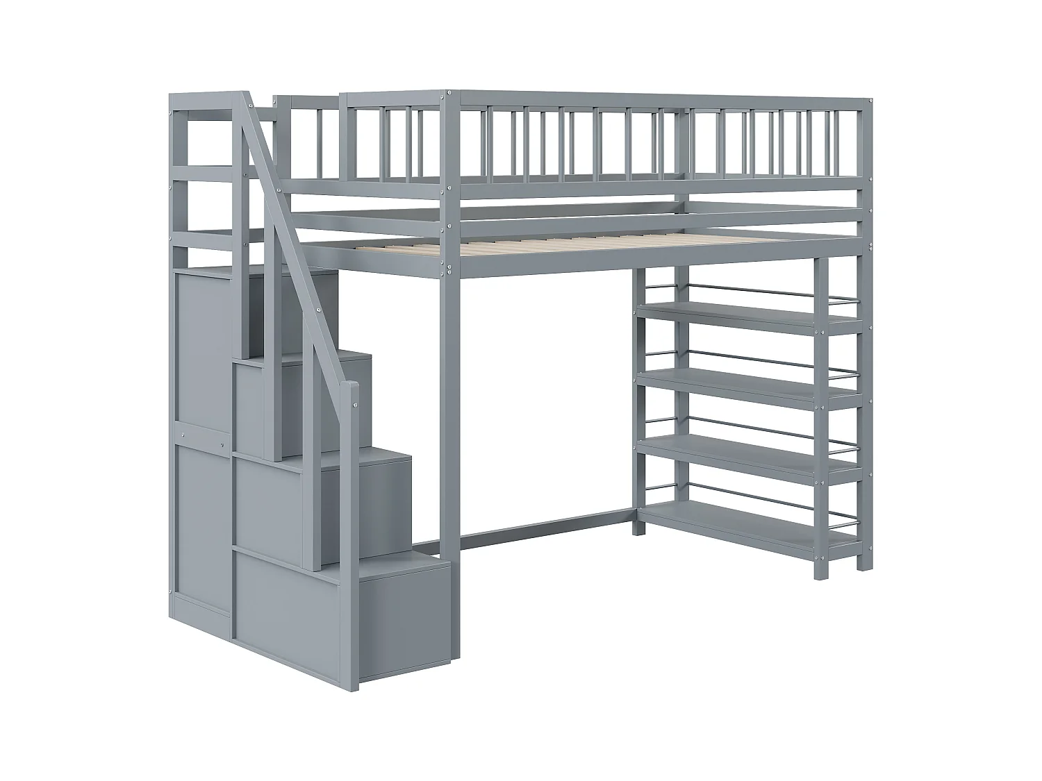 Lit mezzanine sécurisé avec armoire, étagères, escalier, bois massif, gris (244.3x103.3x180 cm)