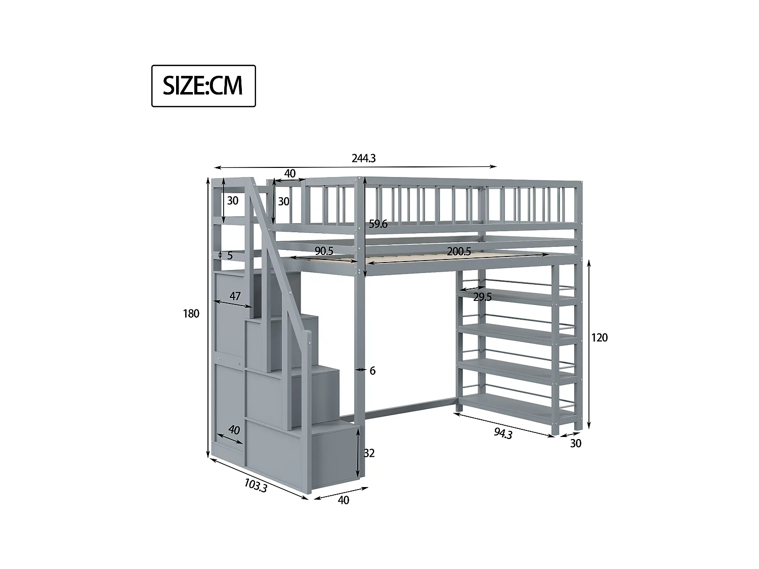 Lit mezzanine sécurisé avec armoire, étagères, escalier, bois massif, gris (244.3x103.3x180 cm)
