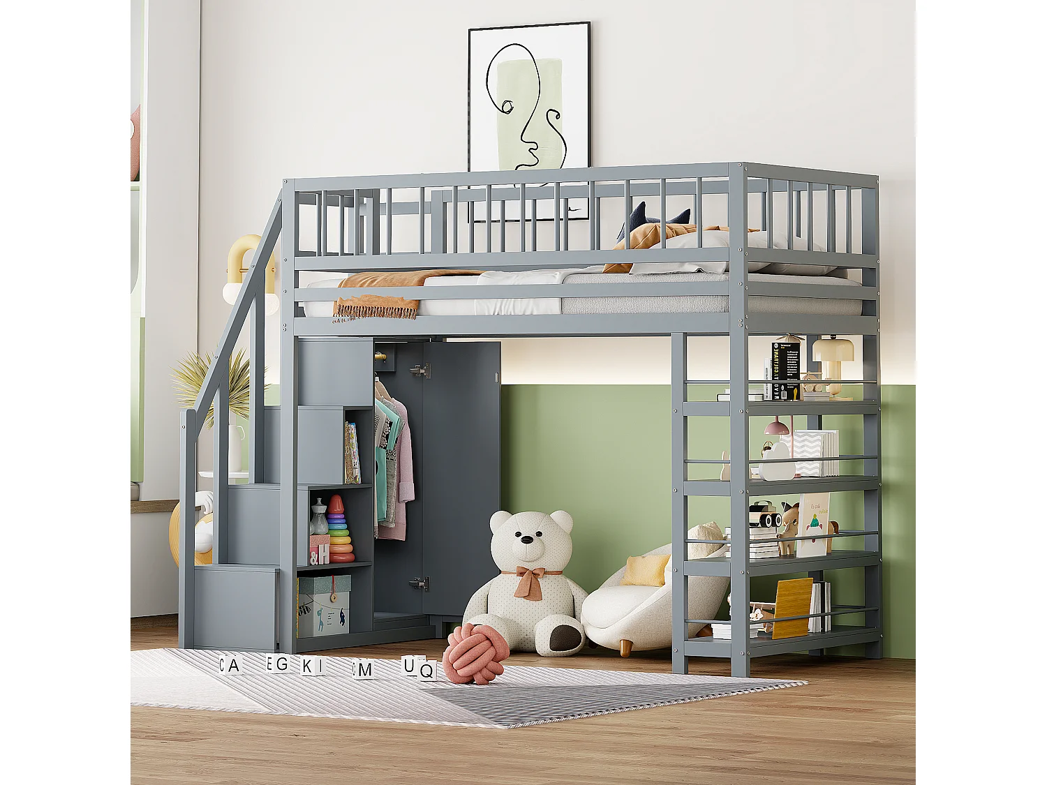 Lit mezzanine sécurisé avec armoire, étagères, escalier, bois massif, gris (244.3x103.3x180 cm)