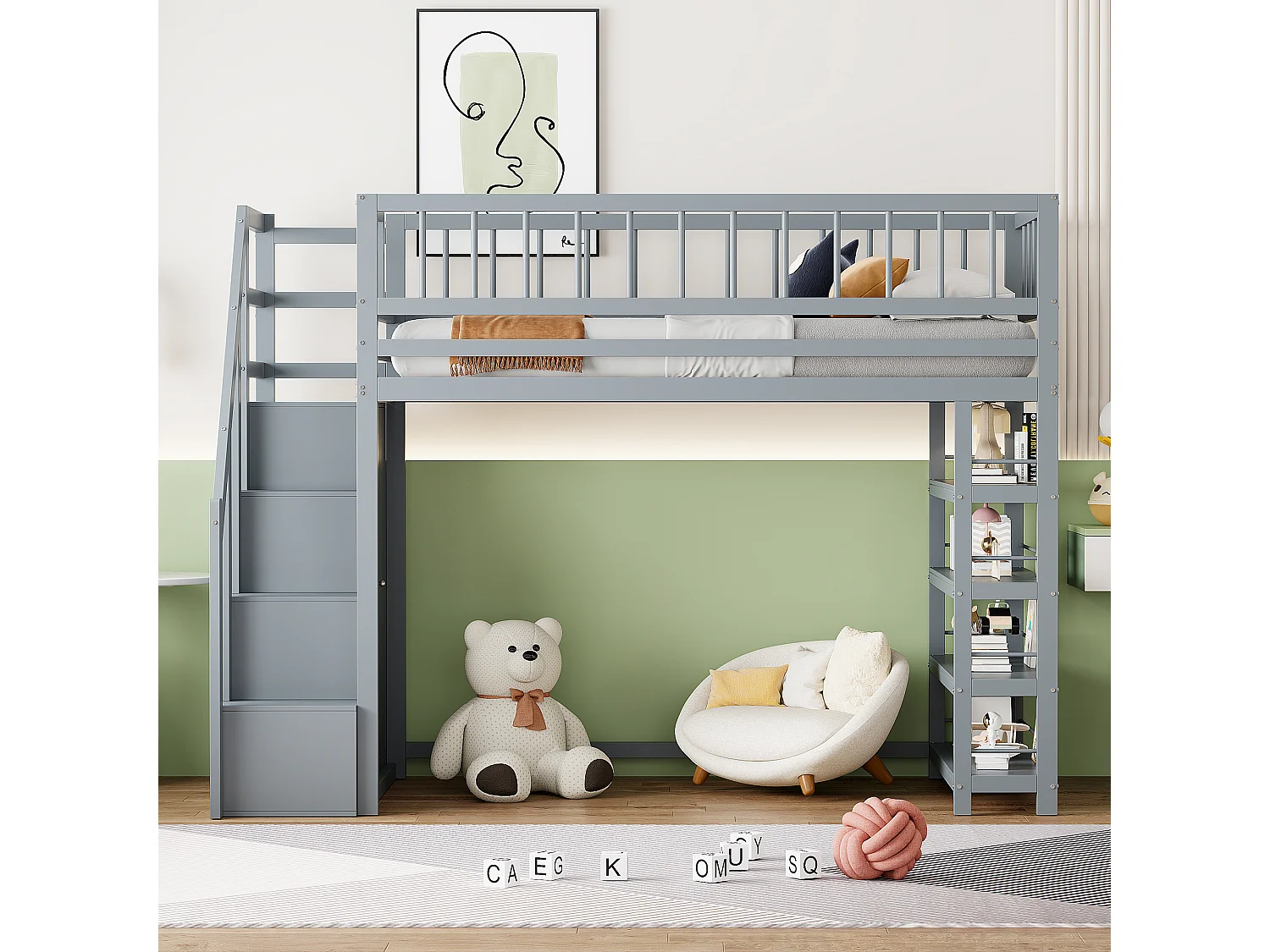 Lit mezzanine sécurisé avec armoire, étagères, escalier, bois massif, gris (244.3x103.3x180 cm)