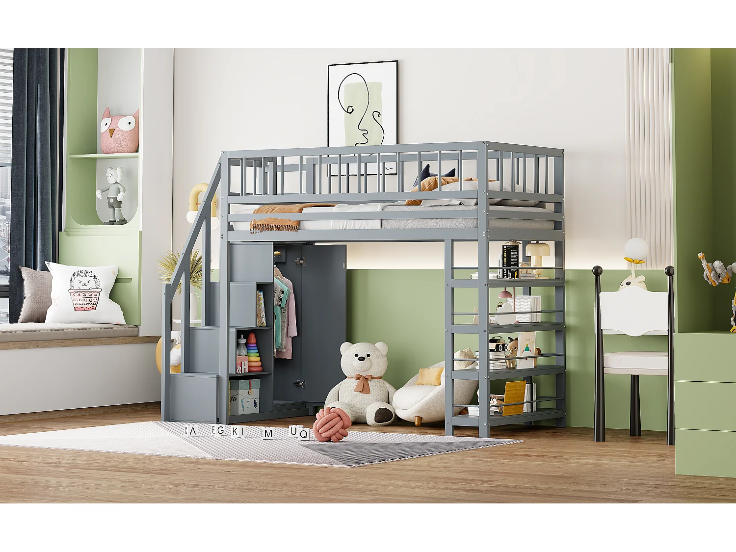 Lit mezzanine sécurisé avec armoire, étagères, escalier, bois massif, gris (244.3x103.3x180 cm)