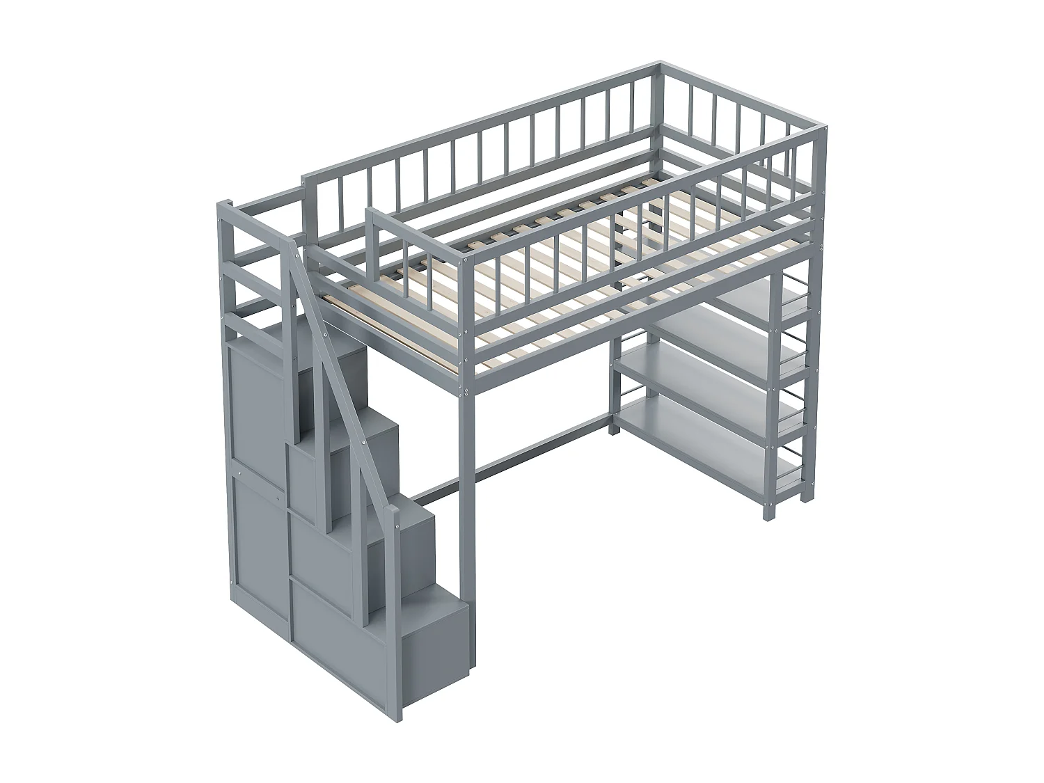 Lit mezzanine sécurisé avec armoire, étagères, escalier, bois massif, gris (244.3x103.3x180 cm)