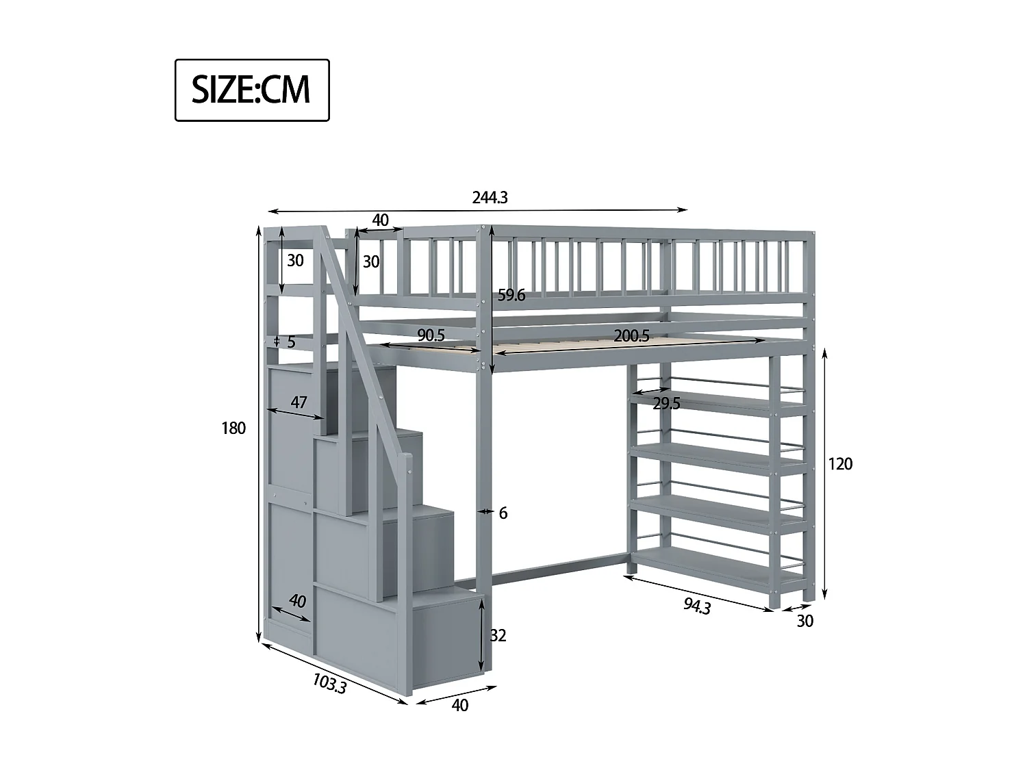 Lit mezzanine sécurisé avec armoire, étagères, escalier, bois massif, gris (244.3x103.3x180 cm)