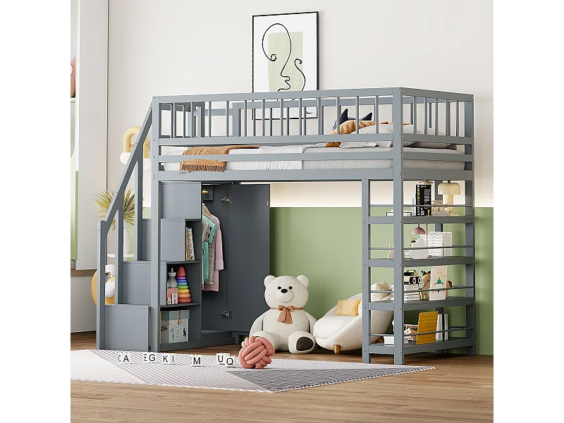 Lit mezzanine sécurisé avec armoire, étagères, escalier, bois massif, gris (244.3x103.3x180 cm)